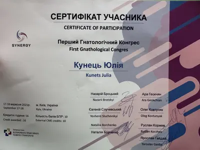 Attendee certificate for the First Gnathological Congress, Synergy, Kyiv, September 17-18, 2021, 10 BPR credits